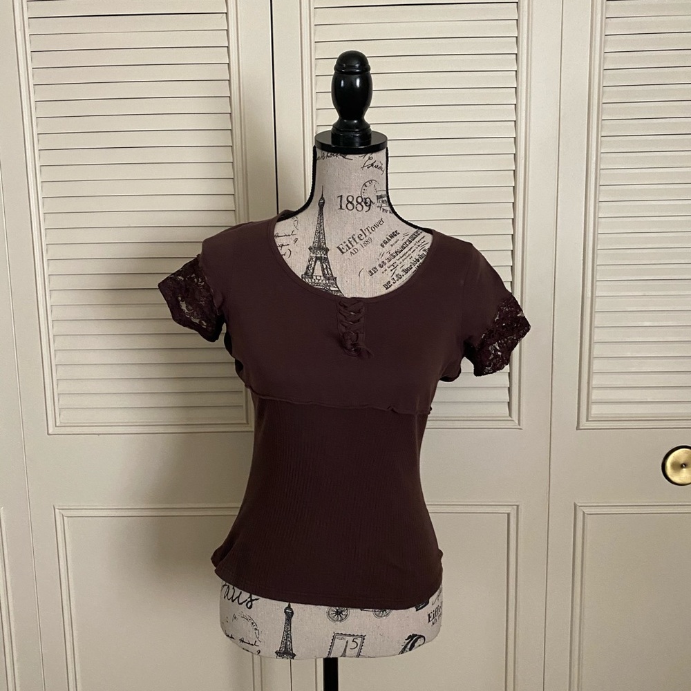 Brown lace up blouse empire waist hand made